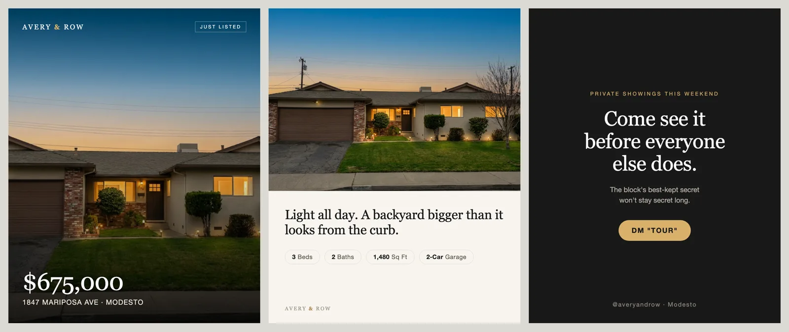 A three-slide Instagram carousel built from the listing (demo mockup)