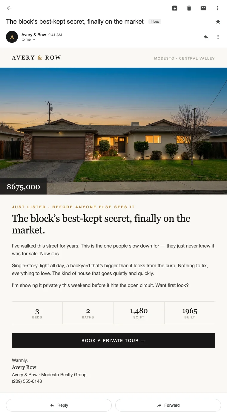 A designed just-listed email in the agent's voice (demo mockup)