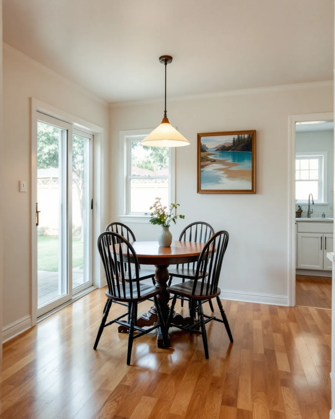 Carousel slide 5 — the dining area, open to the kitchen and the yard (AI-generated demo)