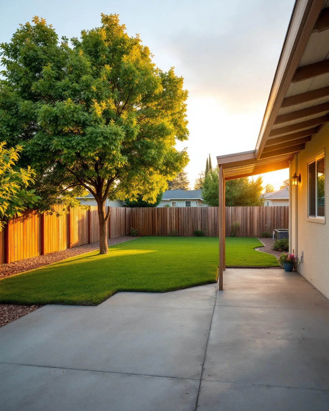 Carousel slide 7 — the back lawn and covered patio at golden hour (AI-generated demo)